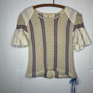 Free People Babes Only Striped Open Knit Crochet Top-Short Bell Sleeves Small